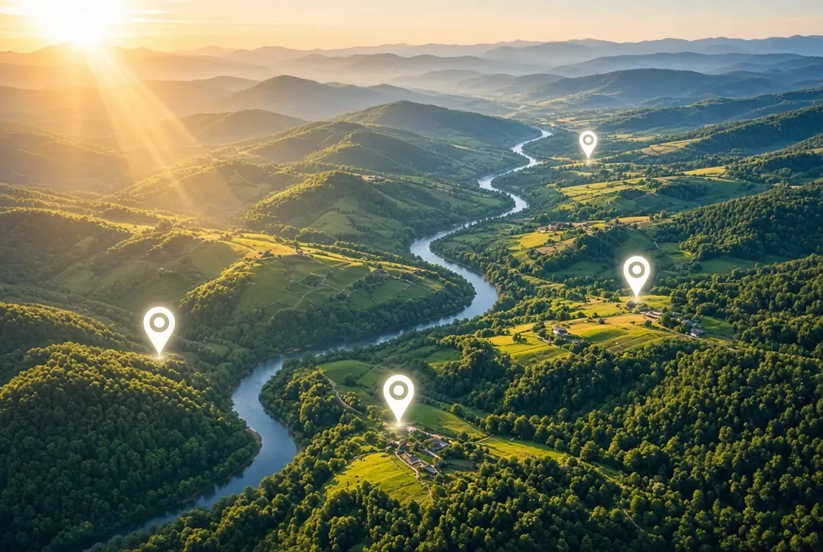 Aerial view of a green river valley at sunrise, with markers on parcels of land